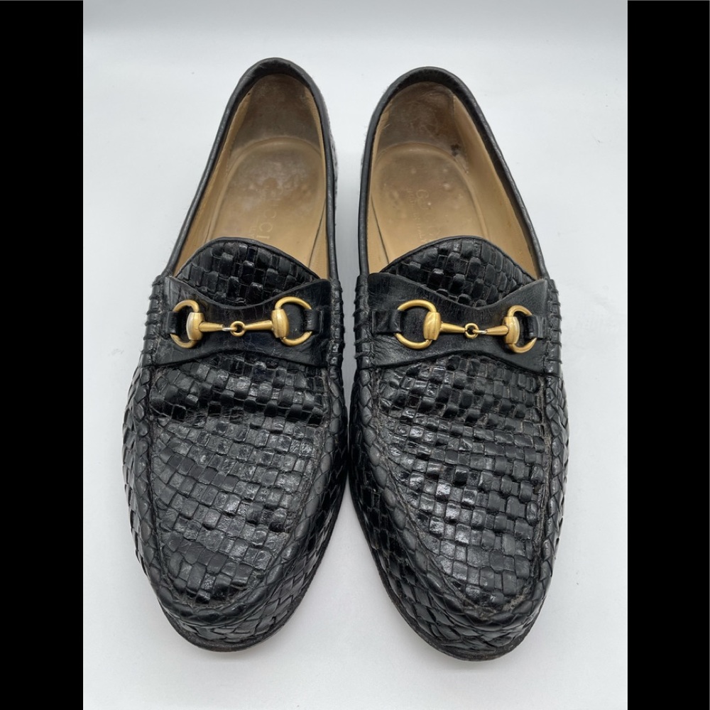 Gucci Black Woven Leather Haanover Horse-bit Loafers sz 9